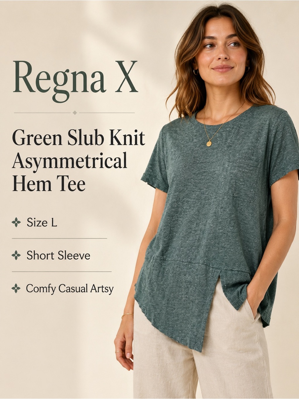 Regna X Green Slub Knit Asymmetrical Hem Short Sleeve Tee